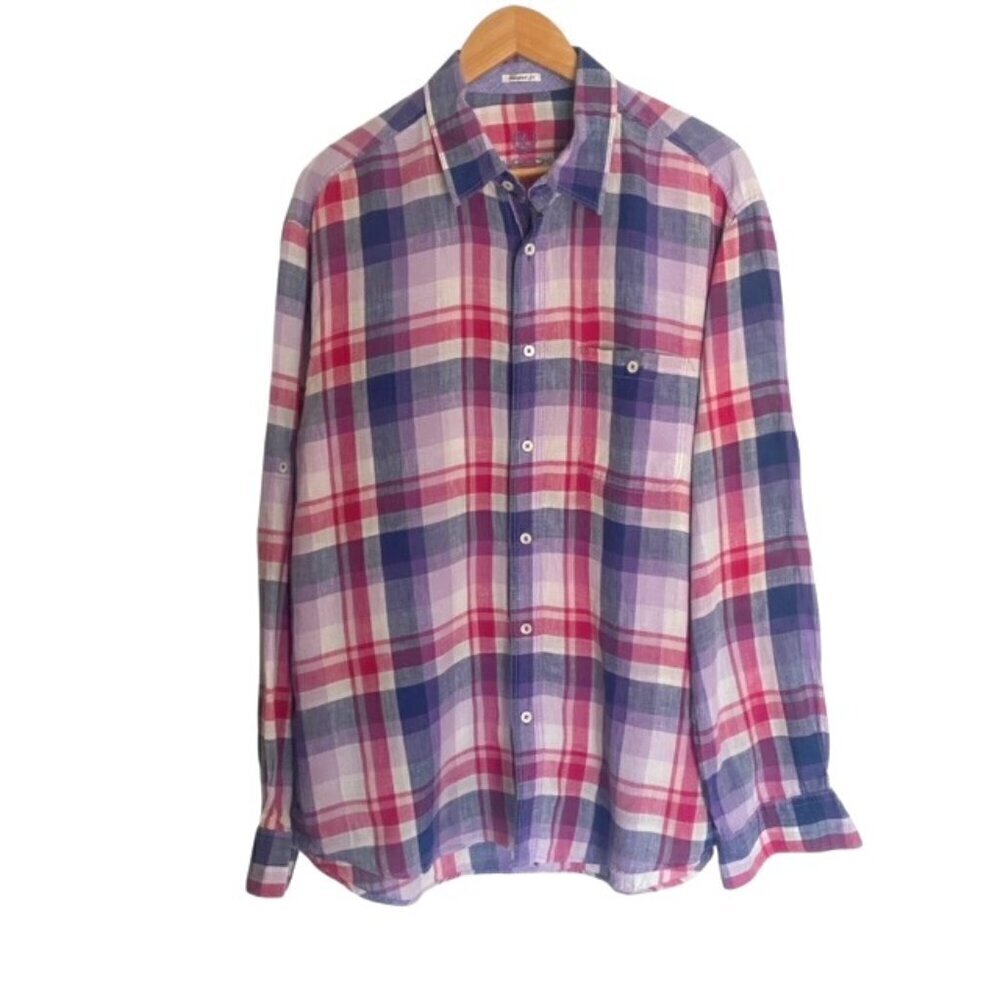 Bugatchi Iris Plaid Linen Button Down XLarge